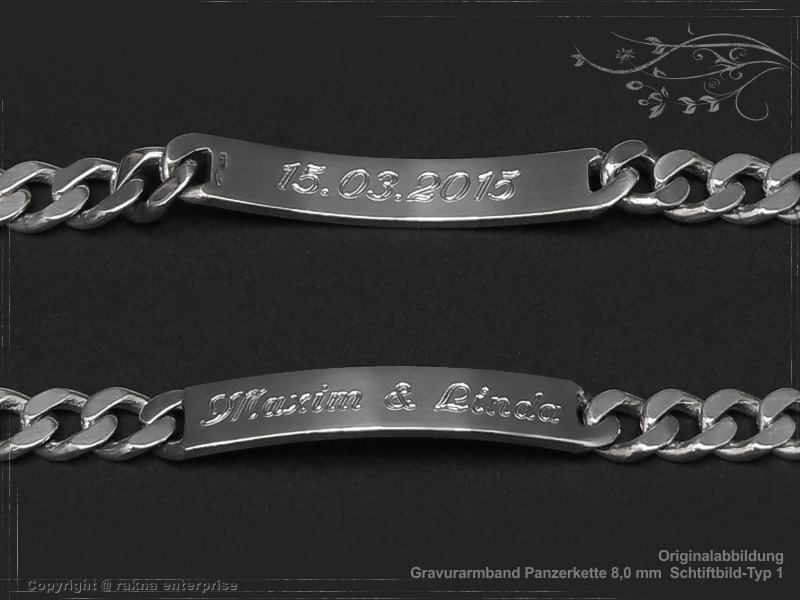 Curb Chain ID-Bracelet  B8.0L20 solid 925 Sterling Silver