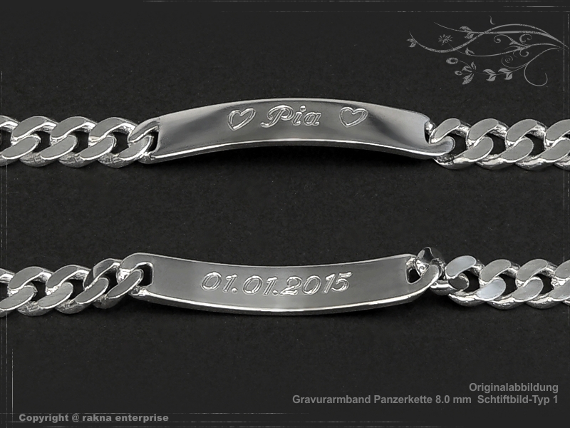 Curb Chain ID-Bracelet  B8.0L25 solid 925 Sterling Silver